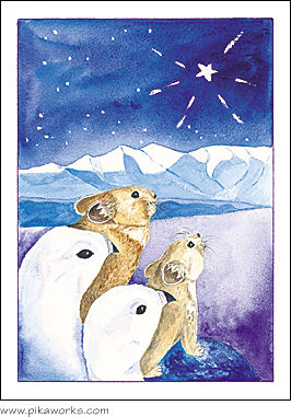 Greeting card about Christmas card, Peace on Earth, Christmas greeting card, ptarmigan and pika, pika holiday card